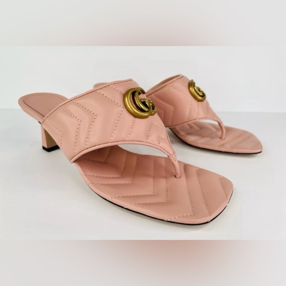 Gucci Marmont Double G Chevron GG Logo Pink Thong Mule Sandals Size EU 40.5